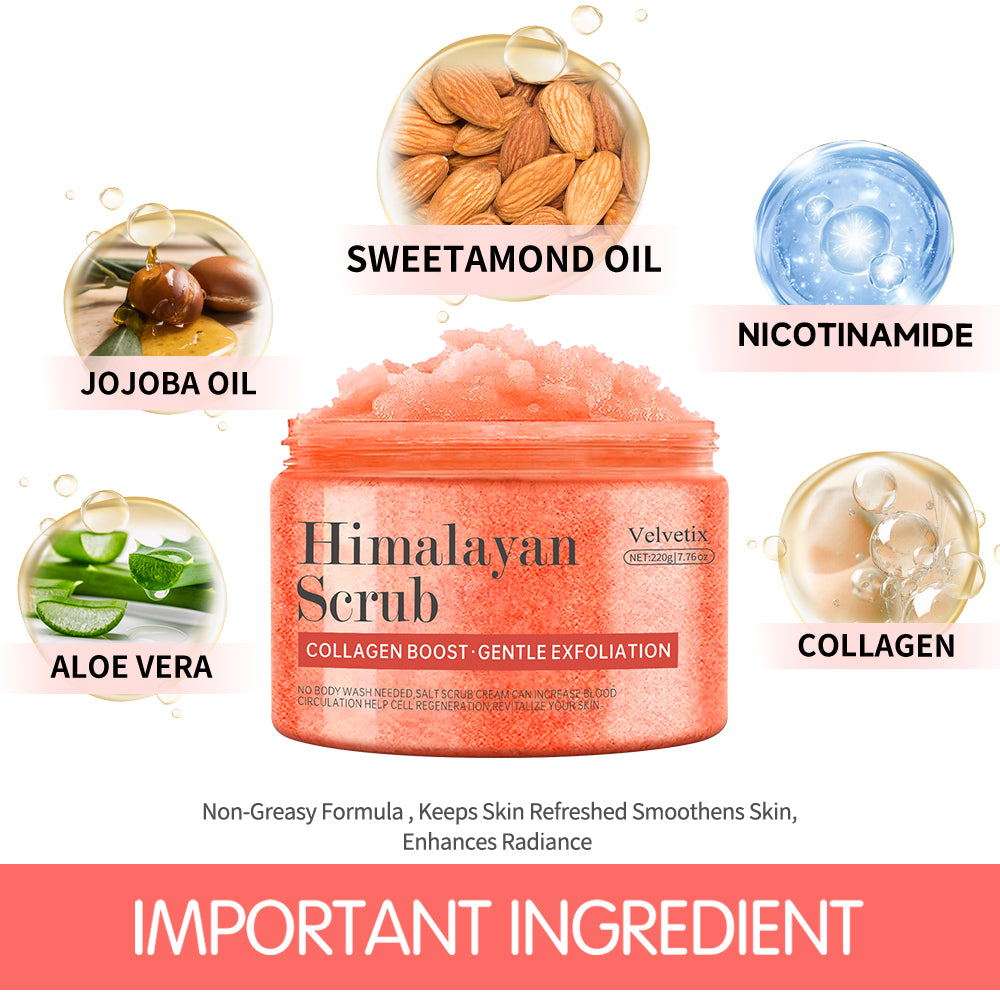 Hllozzi Himalayan Salt Scrub – Deep Exfoliating Body, Face & Hand Scrub with Collagen, Aloe Vera, Coconut & Jojoba – Moisturizing & Skin Repair Care