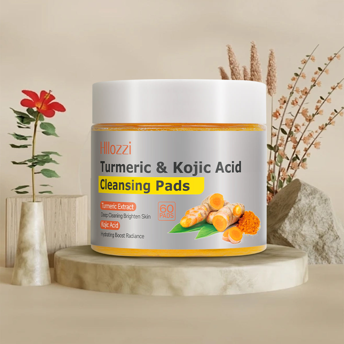 Turmeric Kojic Acid Cleansing Pads – Daily Gentle Peel for Dark Spots & Radiant Skin | Hydrating with Vitamin C, B5, Aloe Vera | 60 Count + Tweezers