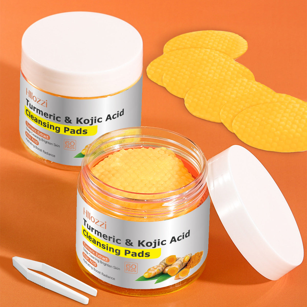 Turmeric Kojic Acid Cleansing Pads – Daily Gentle Peel for Dark Spots & Radiant Skin | Hydrating with Vitamin C, B5, Aloe Vera | 60 Count + Tweezers