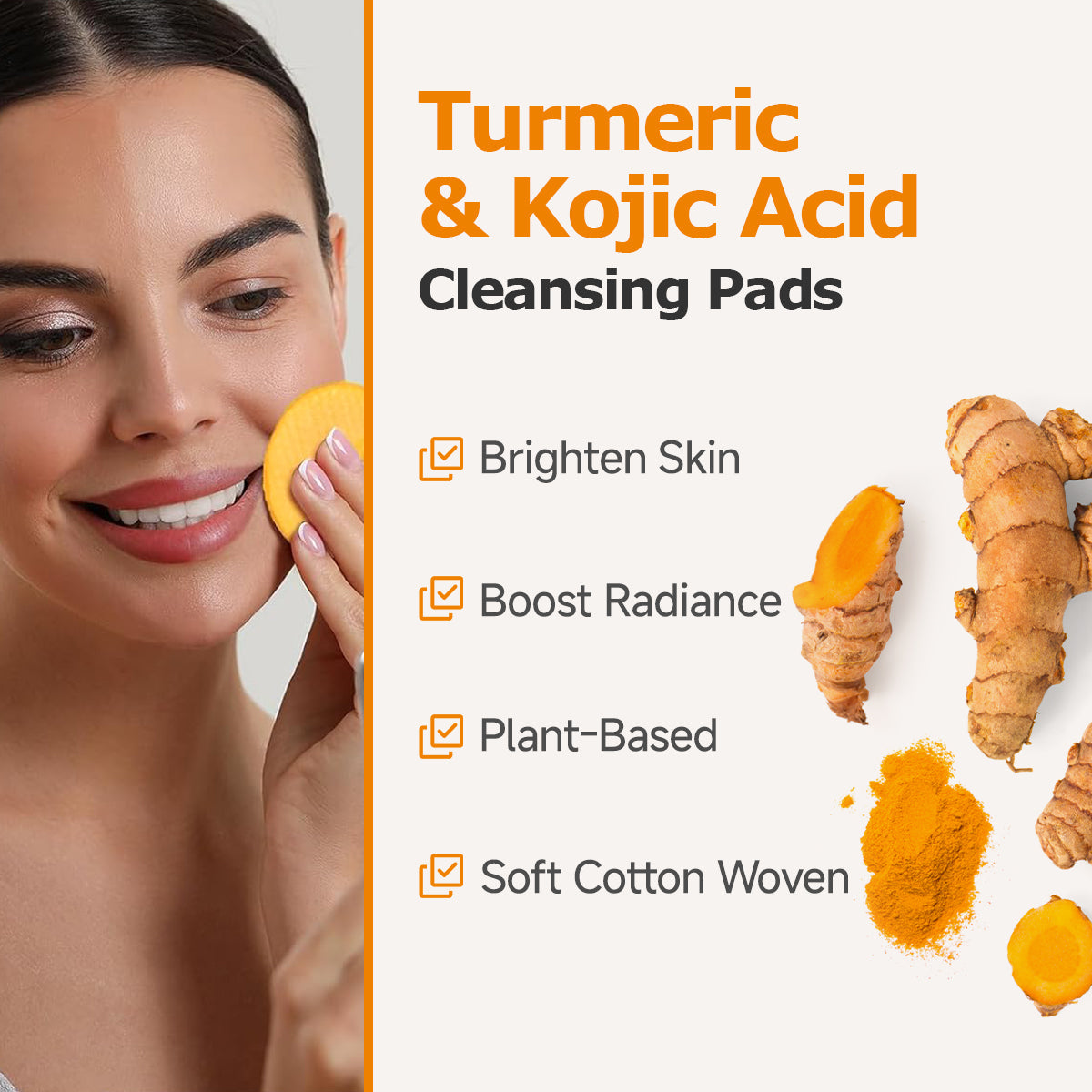 Turmeric Kojic Acid Cleansing Pads – Daily Gentle Peel for Dark Spots & Radiant Skin | Hydrating with Vitamin C, B5, Aloe Vera | 60 Count + Tweezers