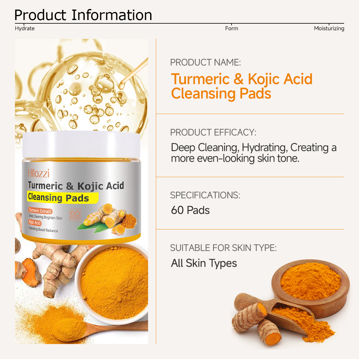 Turmeric Kojic Acid Cleansing Pads – Daily Gentle Peel for Dark Spots & Radiant Skin | Hydrating with Vitamin C, B5, Aloe Vera | 60 Count + Tweezers