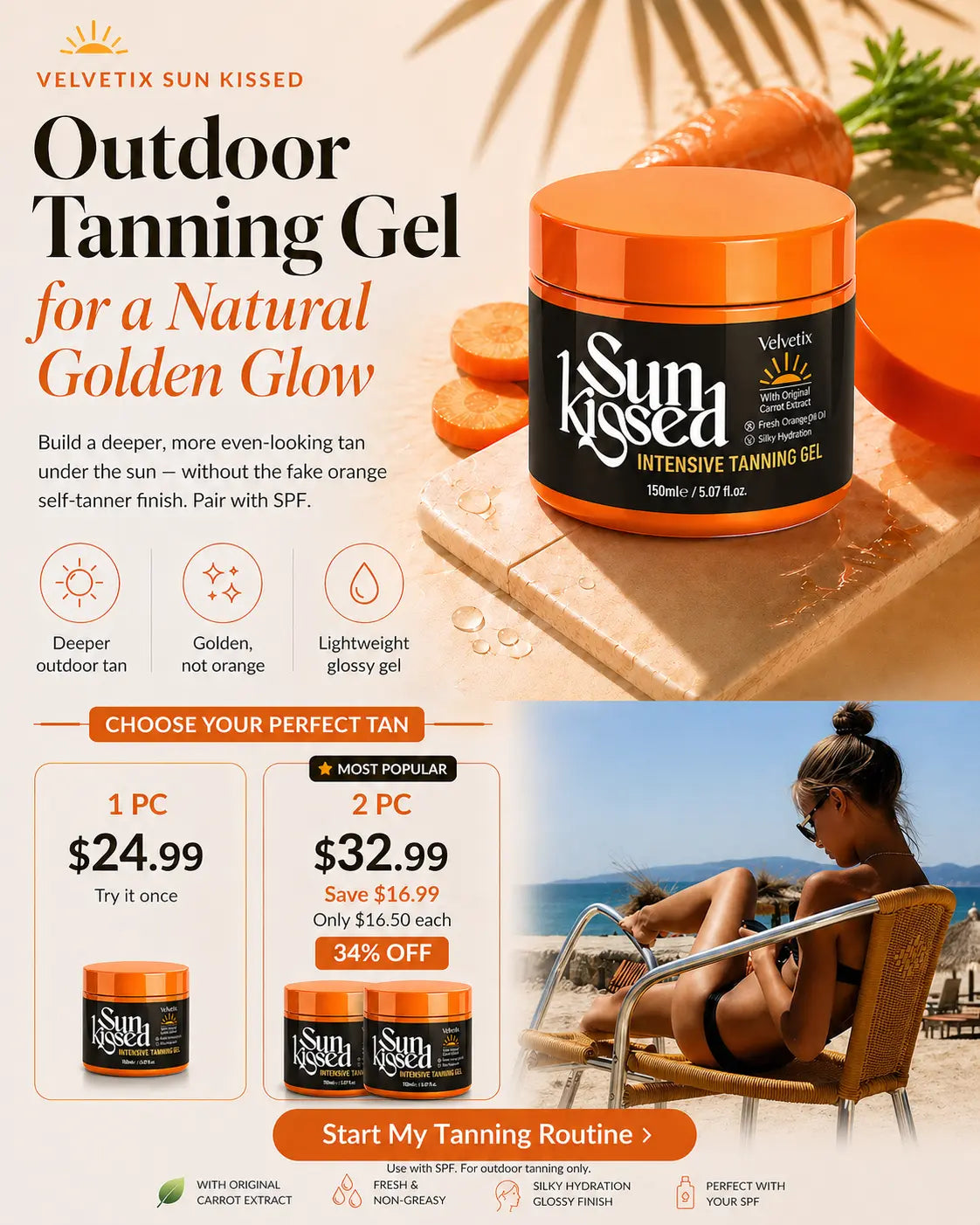 Velvetix Fast Tanning Gel bundle image for pale skin summer outdoor glow routine