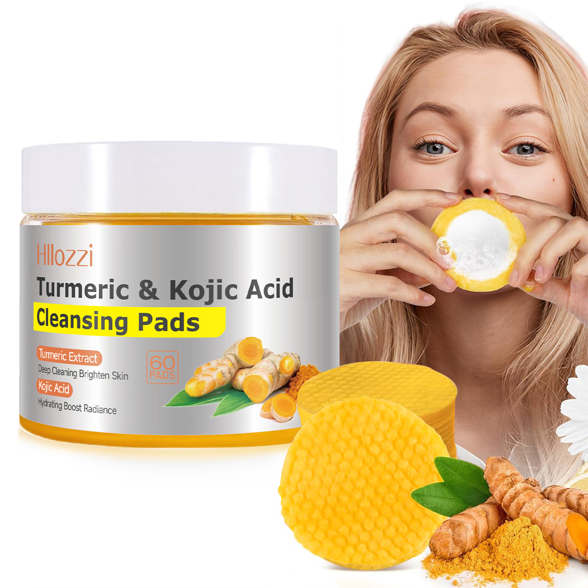 Turmeric Kojic Acid Cleansing Pads – Daily Gentle Peel for Dark Spots & Radiant Skin | Hydrating with Vitamin C, B5, Aloe Vera | 60 Count + Tweezers