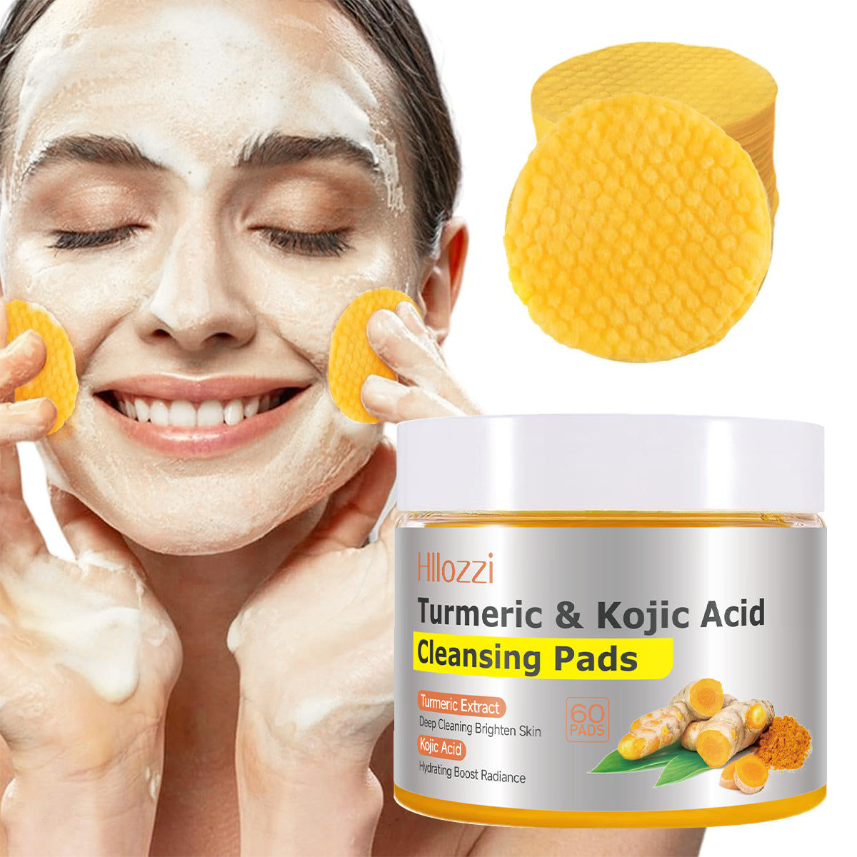 Turmeric Kojic Acid Cleansing Pads – Daily Gentle Peel for Dark Spots & Radiant Skin | Hydrating with Vitamin C, B5, Aloe Vera | 60 Count + Tweezers