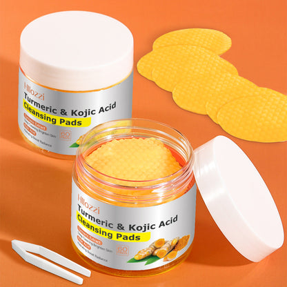 Turmeric Kojic Acid Cleansing Pads – Daily Gentle Peel for Dark Spots & Radiant Skin | Hydrating with Vitamin C, B5, Aloe Vera | 60 Count + Tweezers