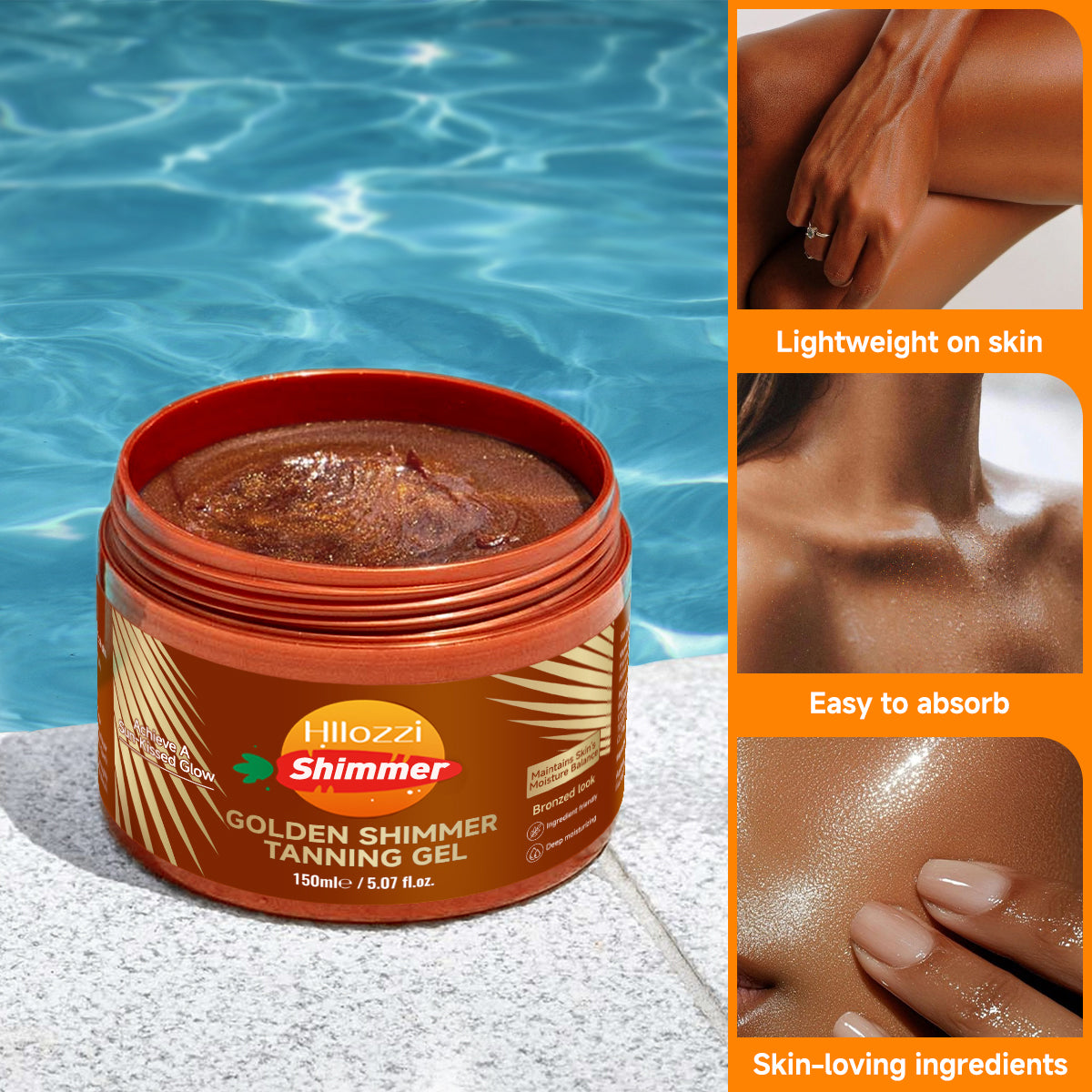 Hllozzi Golden Shimmer Tanning Gel | Fast Tan Enhancer for Indoor & Outdoor